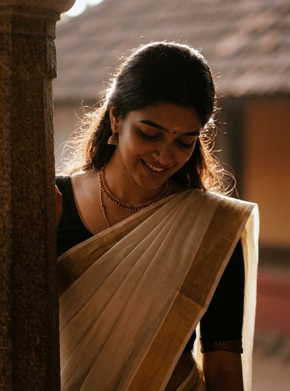Golden Hour Kerala Kasavu Saree Portrait Prompt