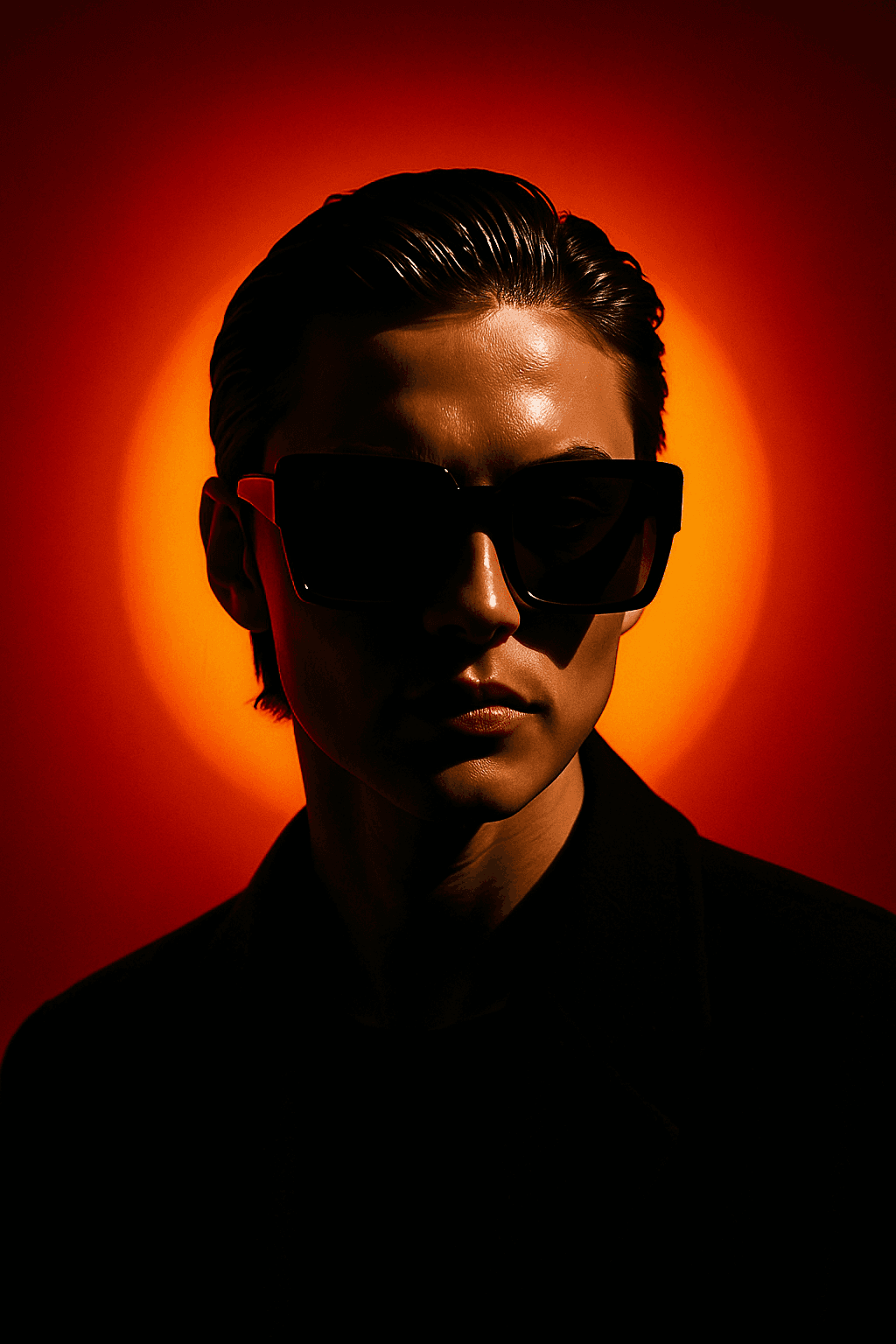 A person with slicked-back dark hair wearing overs...